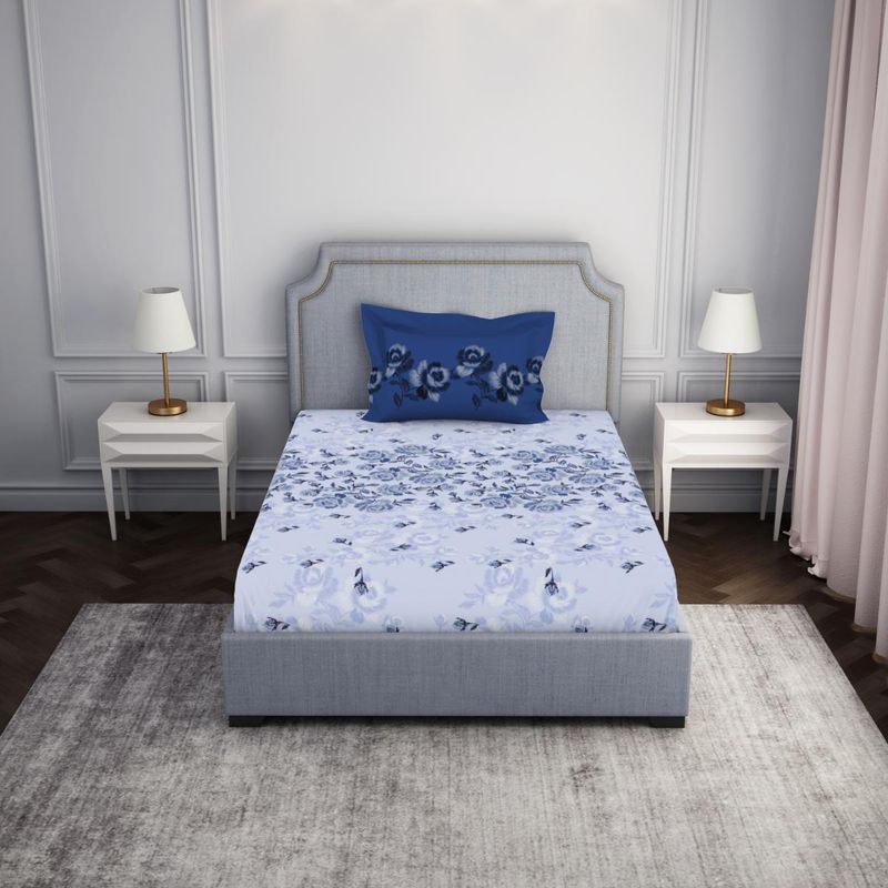 SPACES 100% Cotton Blue Floral Bedsheet for Double Bed with 2 Pillow Cover (Set of 3) (Queen)