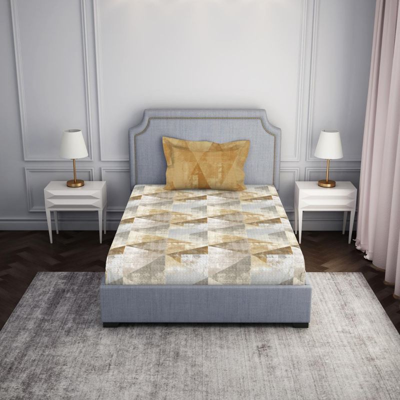 SPACES 100% Cotton Geometric Brown Bedsheet for Single Bed with 2 Pillow Cover (Set of 2) (Single)