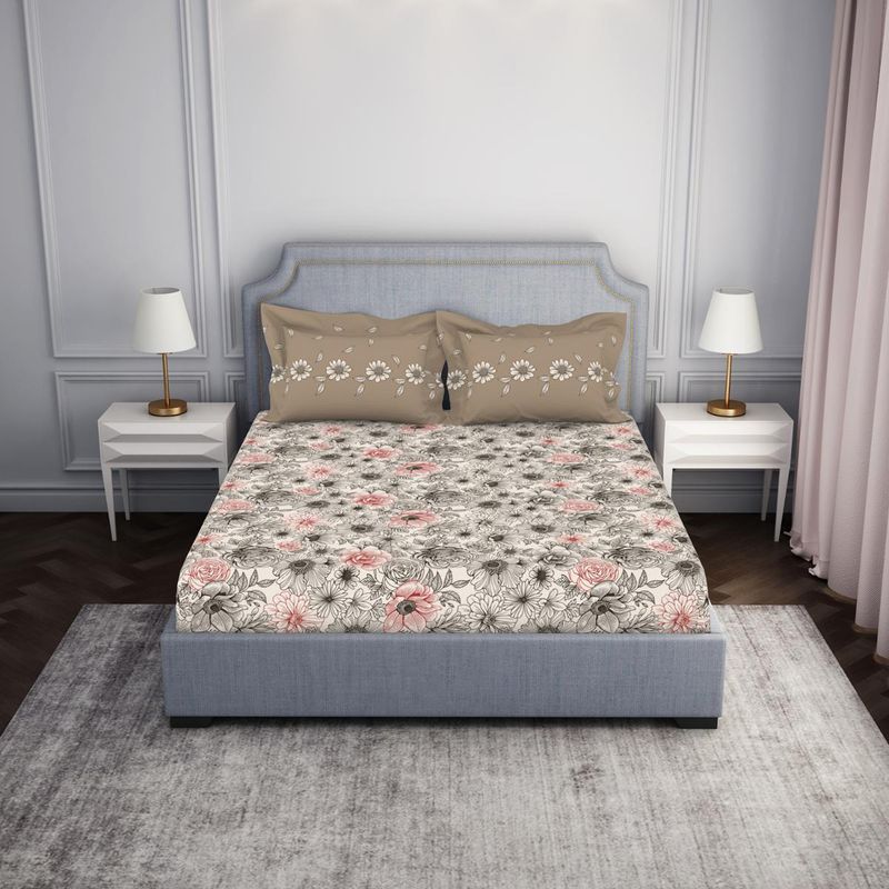 SPACES Cotton Fitted Floral Grey Queen Bedsheet with 2 Pillow Cover (Set of 3) (Queen)