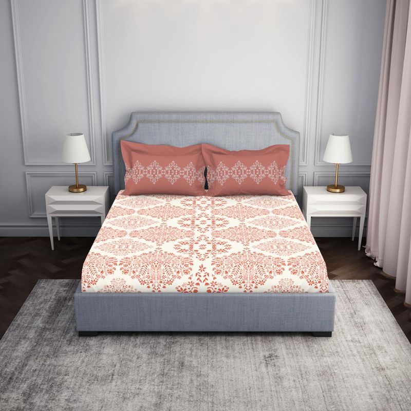 SPACES Cotton Fitted Floral Coral Queen Bedsheet with 2 Pillow Cover (Set of 3) (Queen)