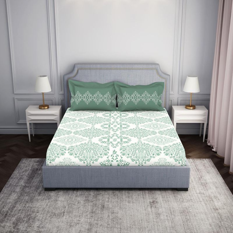 SPACES Cotton Fitted Floral Green Queen Bedsheet with 2 Pillow Cover (Set of 3) (Queen)