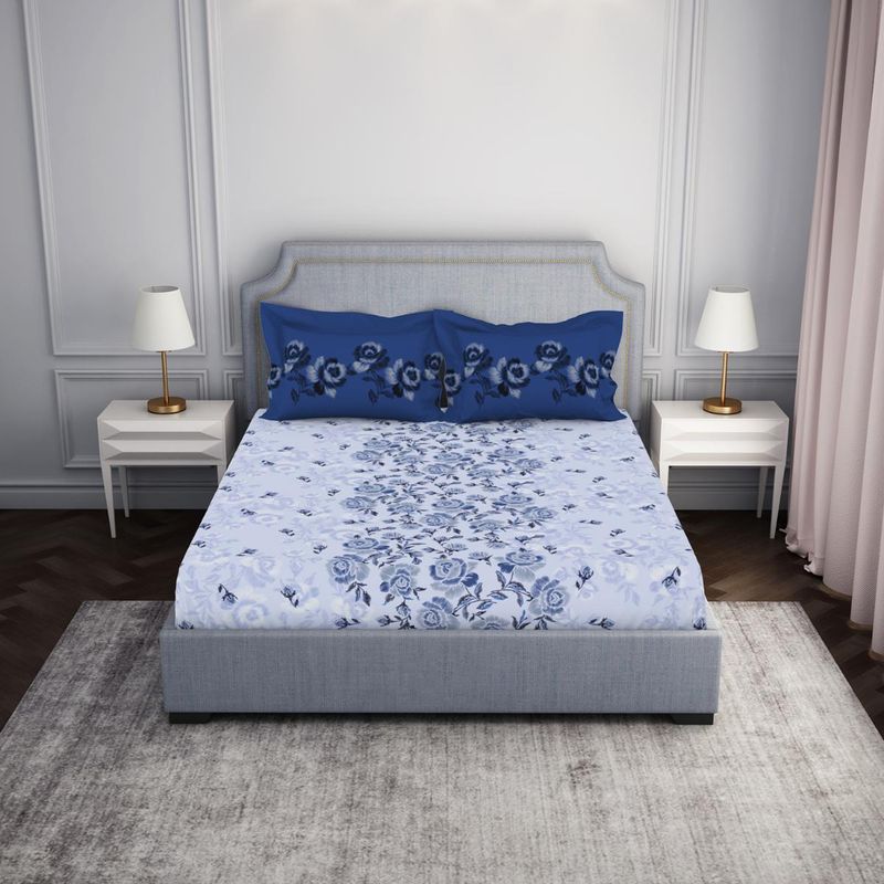 SPACES 100% Cotton Fitted Blue Floral King Bedsheet with 2 Pillow Cover (Set of 3) (King)