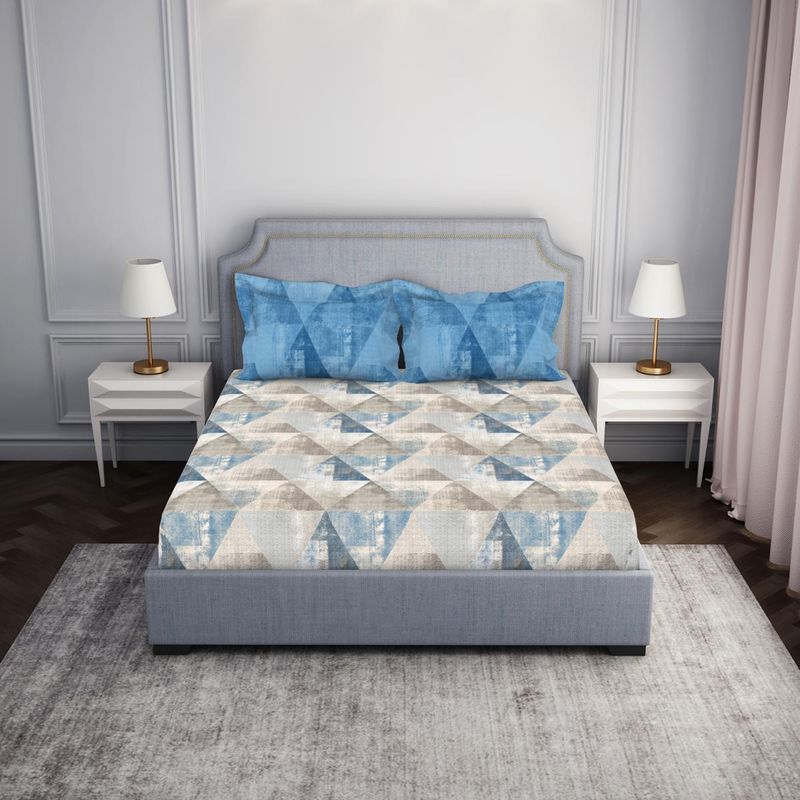 SPACES 100% Cotton Fitted Geometric Blue King Bedsheet with 2 Pillow Cover (Set of 3) (King)