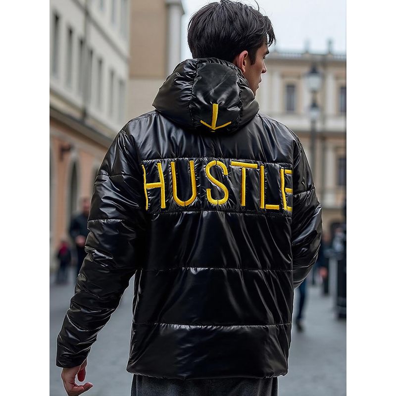 Bewakoof Men's Black Shine Hustle Typography Oversized Jacket (XL)