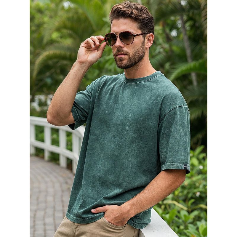Bewakoof Men's Green Oversized Acid Wash T-shirt (2XL)