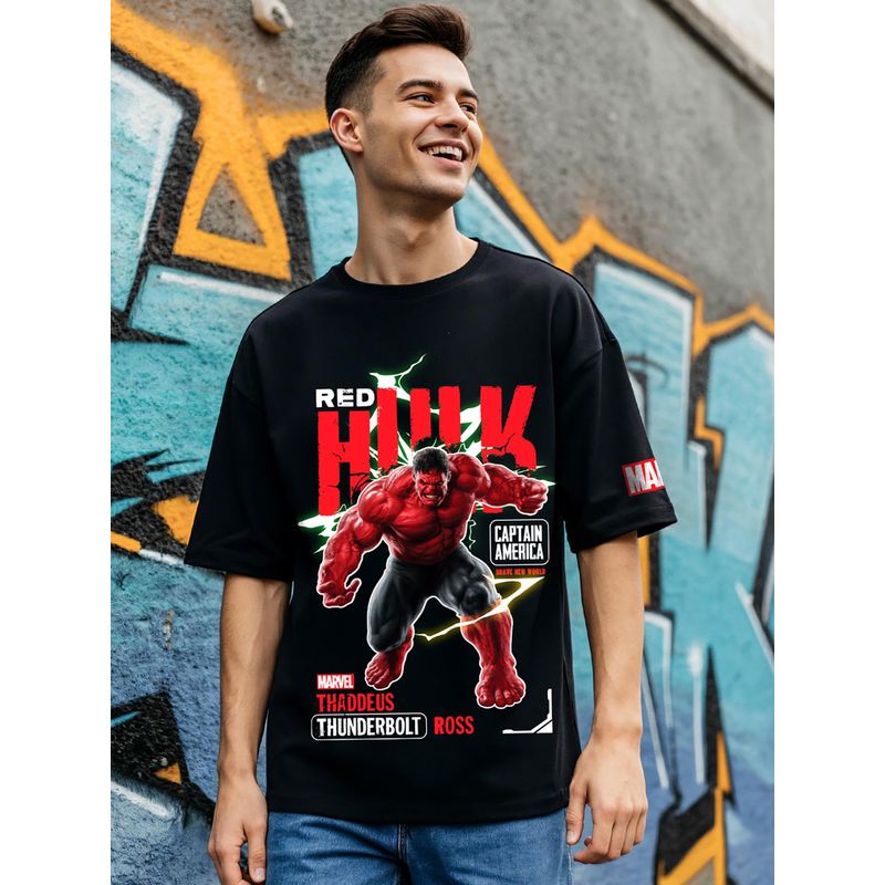 Bewakoof Official Marvel Men's Jet Black Red Hulk Graphic Printed Oversized T-shirt (L)