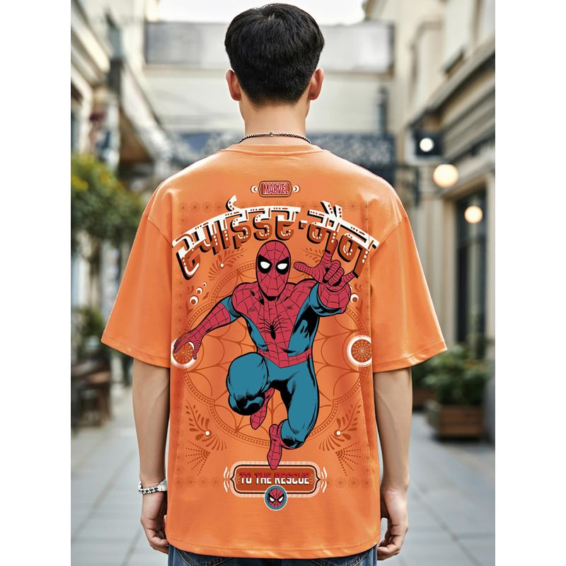 Bewakoof Official Marvel Men's Orange Spider Truck Graphic Printed Oversized T-shirt (M)