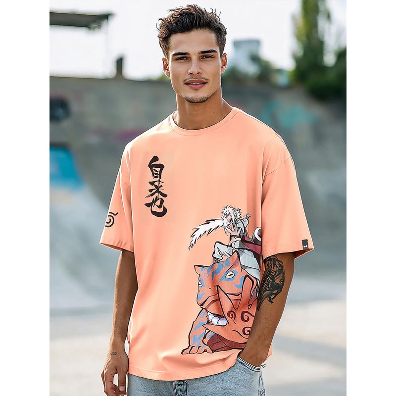 Bewakoof Official Naruto Men's Vermillion Orange Areo Senin Graphic Printed Oversized T-shirt (S)