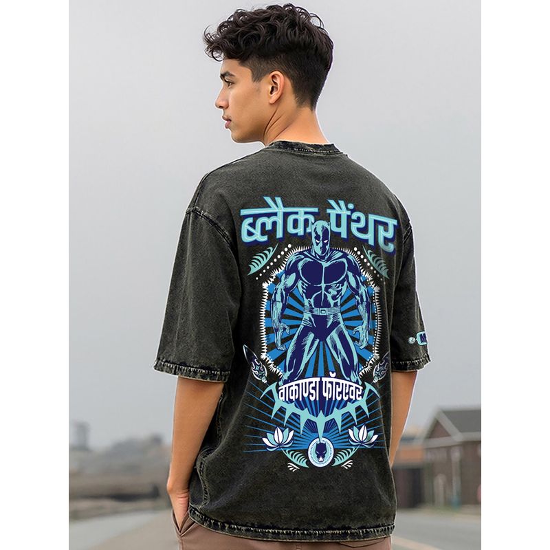 Bewakoof Official Marvel Men's Black Panther Truck Graphic Printed Oversized Acid Wash T-shirt (S)