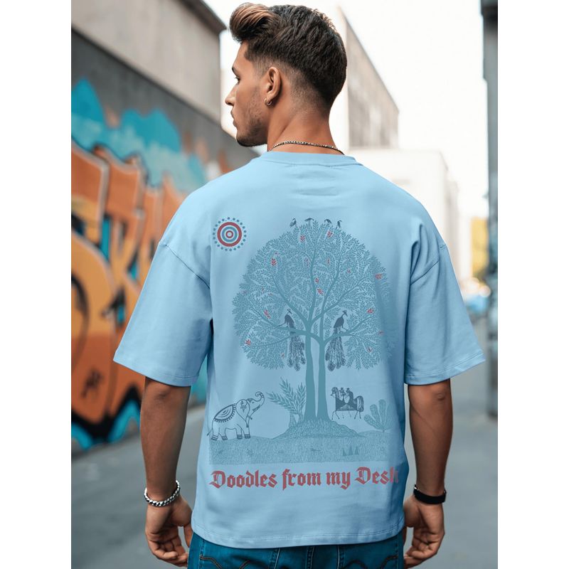 Bewakoof Men's Chambray Blue Tatva Doodles Graphic Printed Oversized T-shirt (S)