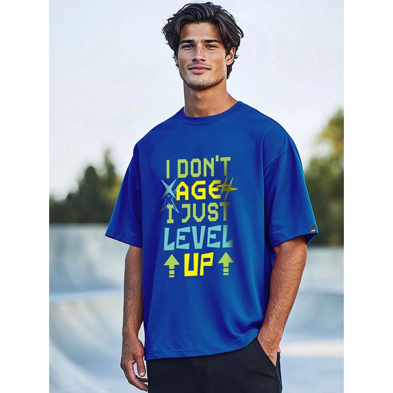 Bewakoof Men's Blue Level Up Typography Oversized T-shirt (S)