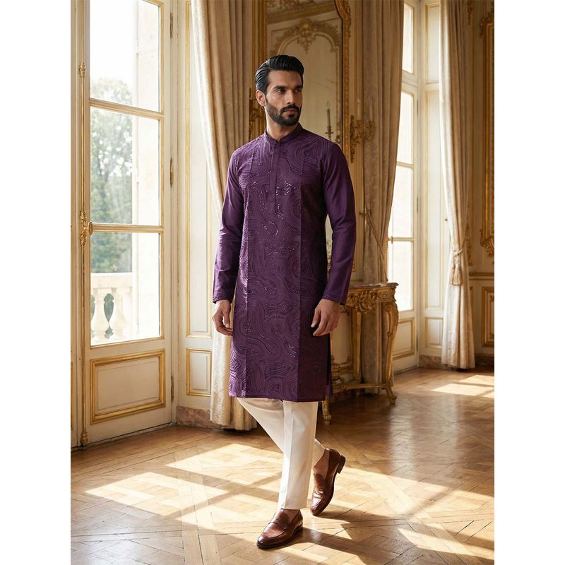 ETHNIC BAY Men Purple Silk Blend Embroidered Straight Kurta (L)