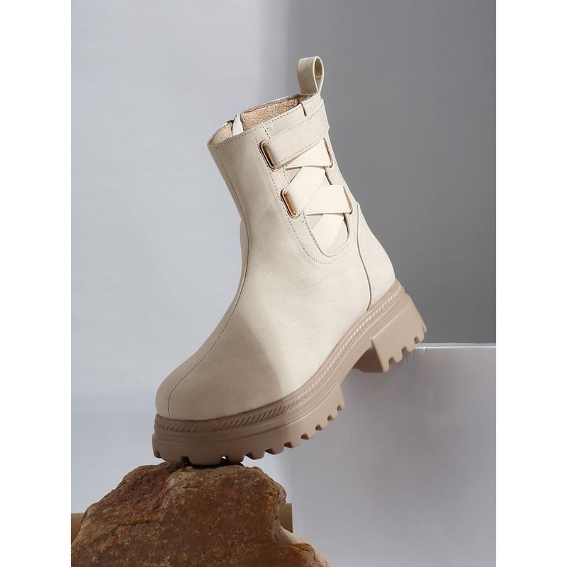 VALIOSAA Cream Casual Round Toe Block Heeled Boots (EURO 36)
