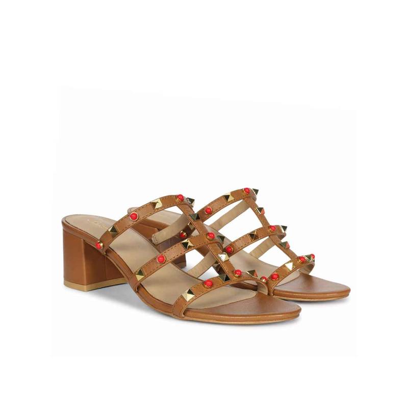 Saint G Women Studded Brown Leather Block Heels (UK 3)