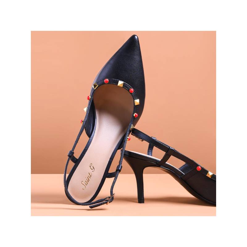 Saint G Women Studded Black Leather Stiletto Heels (UK 6)