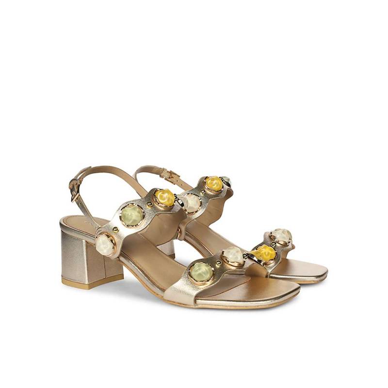 Saint G Women Multi-Stone Metallic Gold Leather Block Heels (UK 3)