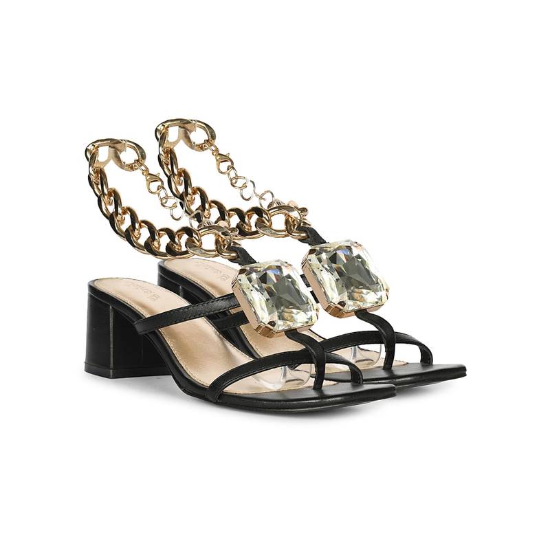 Saint G Women Black Leather Crystal Chain Block Heels (UK 3)