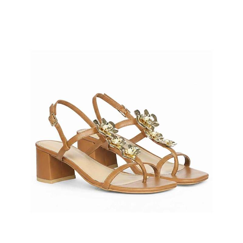 Saint G Women Beige Flower Tan Leather Block Heels (UK 3)
