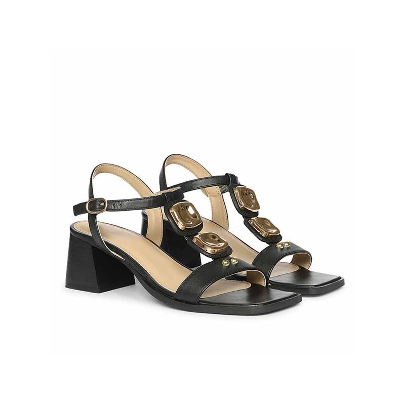 Saint G Women Gold Trim Black Leather Block Heels (UK 3)