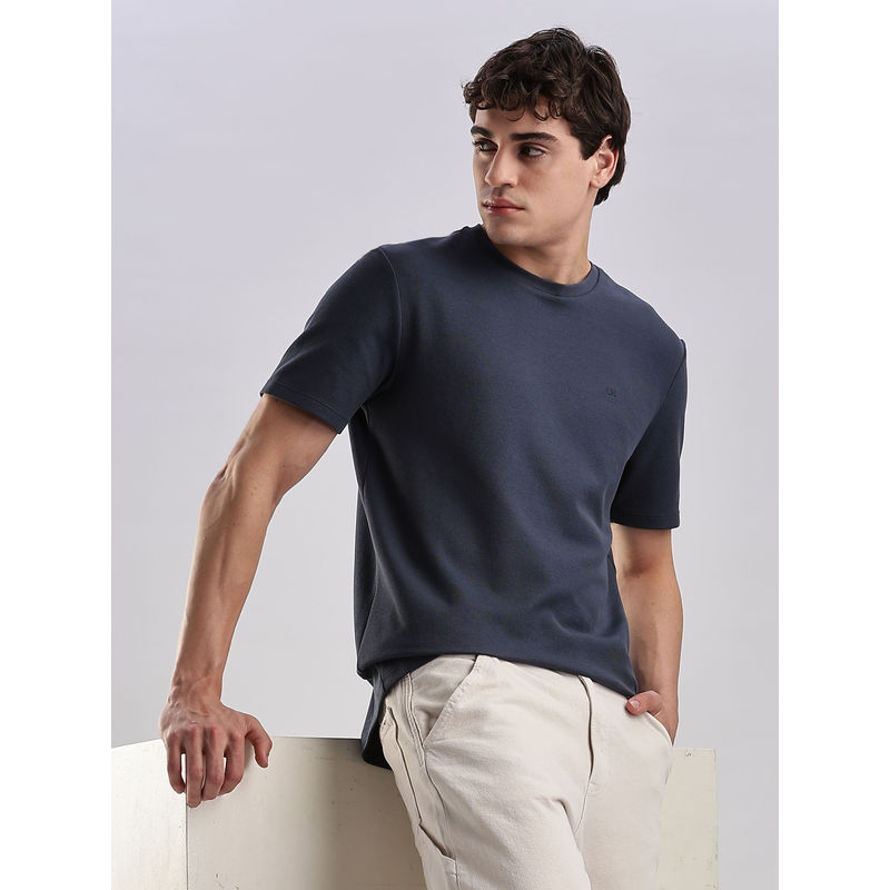 Calvin Klein Navy Blue Solid Regular Fit Cotton T-shirt (XL)