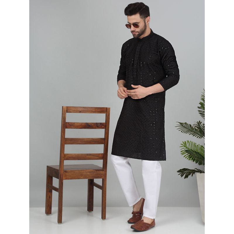 Kraft India Men Cotton Embroidered Sequined Black Kurta (42)