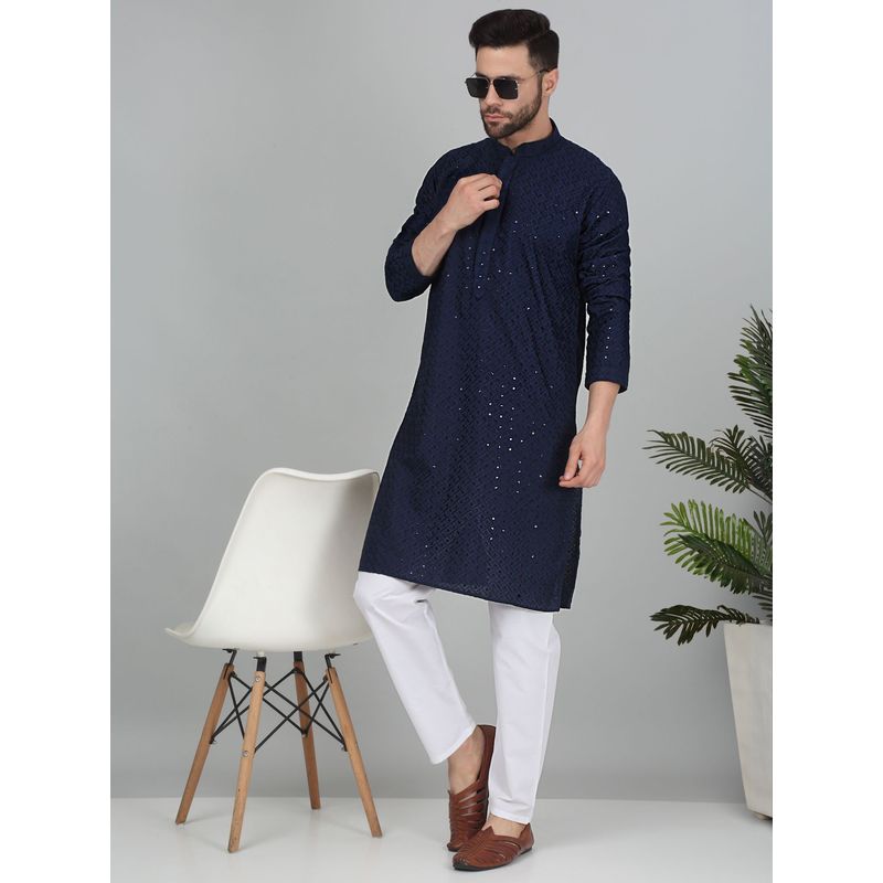 Kraft India Men Cotton Embroidered Sequined Navy Blue Kurta (42)