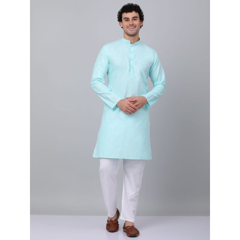 Kraft India Men Aqua Blue Linen Solid Kurta with Pyjamas (Set of 2) (36)