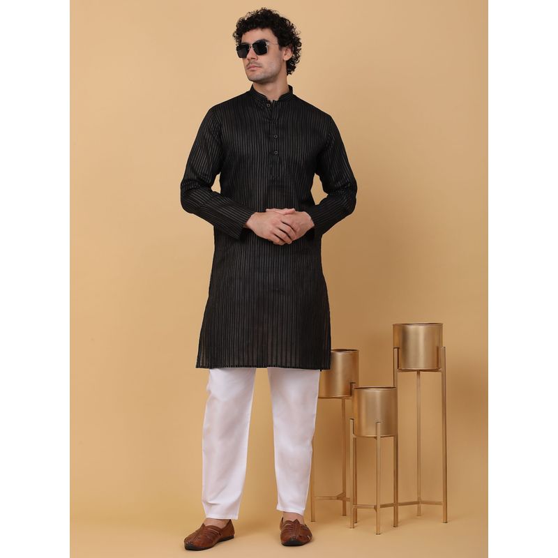 Kraft India Men Black Pure Cotton Striped Knee Length Kurta (36)