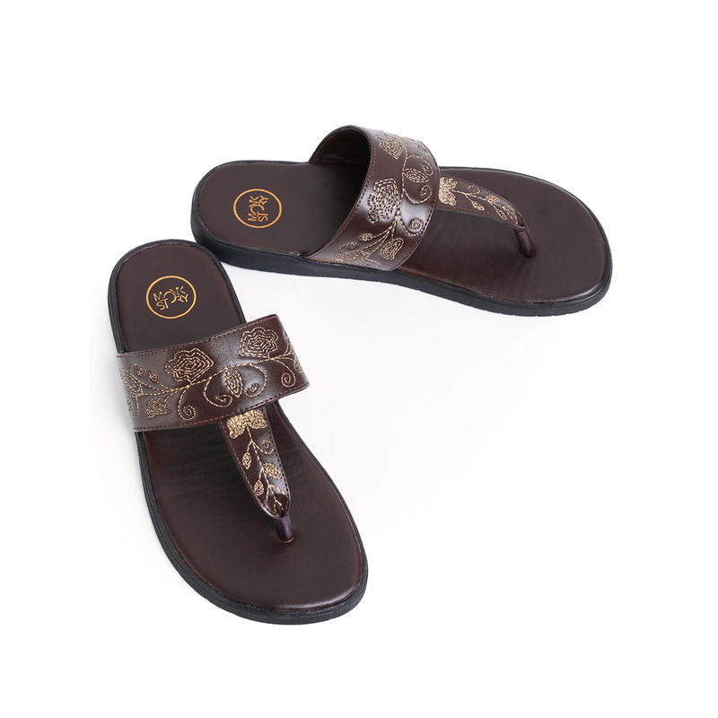 Monkstory T-Rad Intricate Floral Embroidery Sandals - Brown (UK 9)
