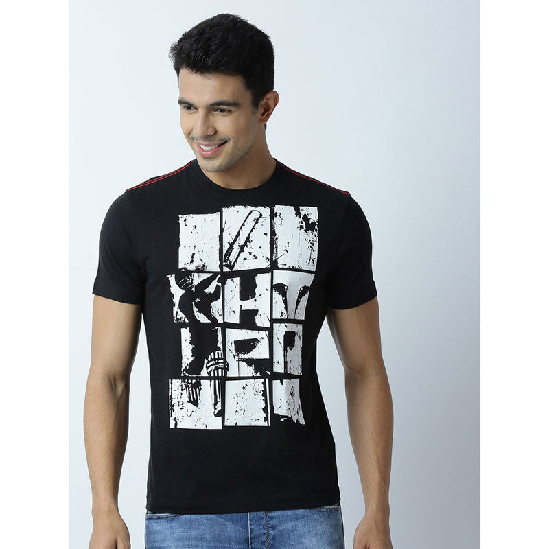 Huetrap Mens Printed Round Neck Black T-Shirt (S)
