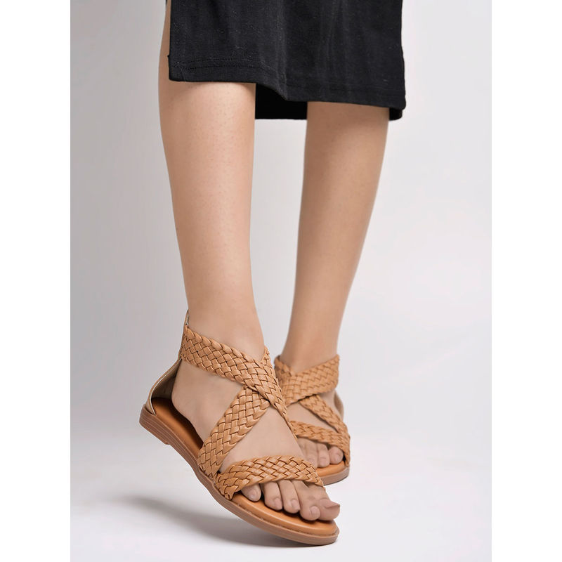 Shoetopia Braided Upper Wrap Strap Tan Flat Sandals (EURO 39)