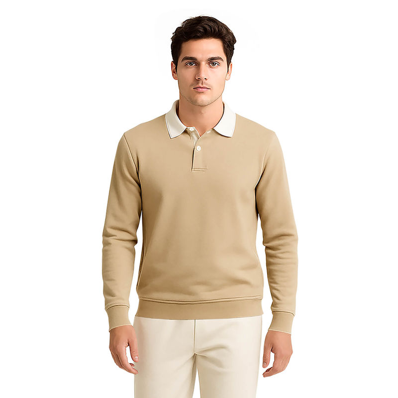 BULLMER Men Beige Solid Polo Neck T-shirt With Rib (XL)