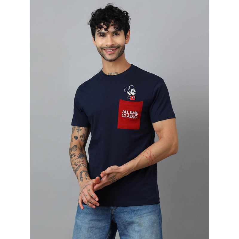 Free Authority Men Mickey and Friends Embroidery Cotton Navy Blue T-shirt (S)