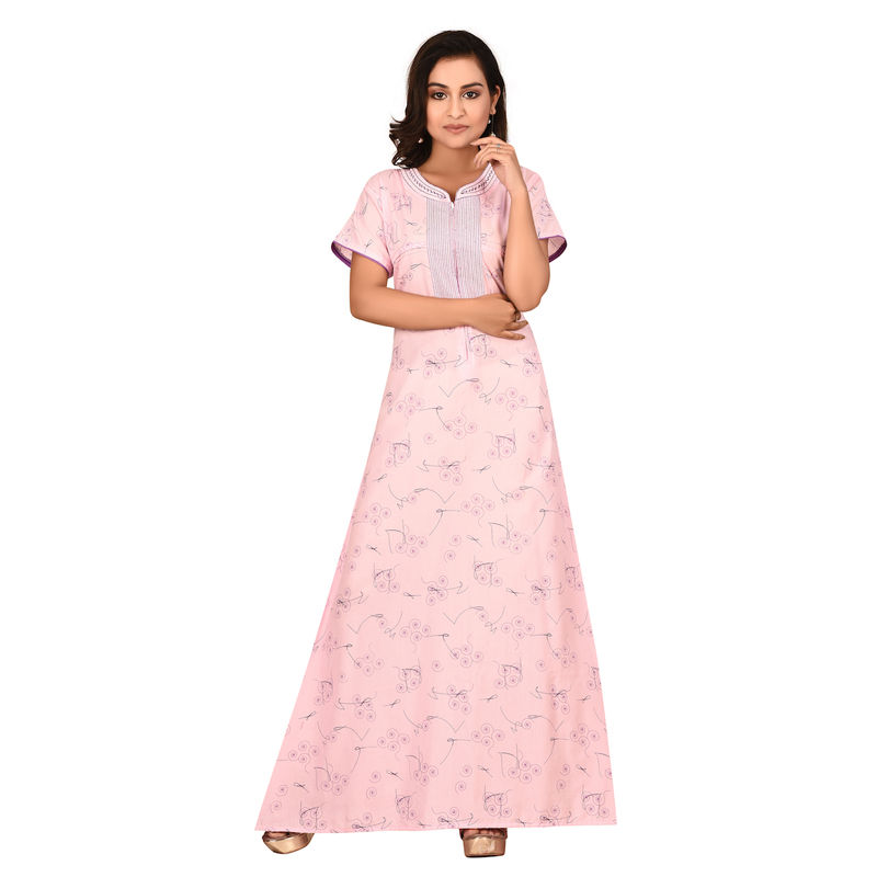 PIU Women's Front Open Premium Cotton Nighty Gown - Pink (L)