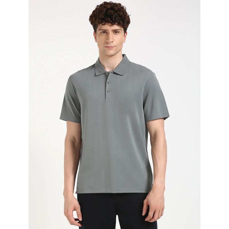 Calvin Klein Grey Striped Regular Fit Polyester Polo T-shirt (S)