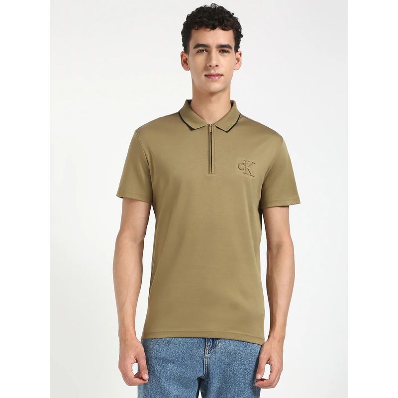 Calvin Klein Solid Olive Regular Fit Cotton Polo T-shirt (S)