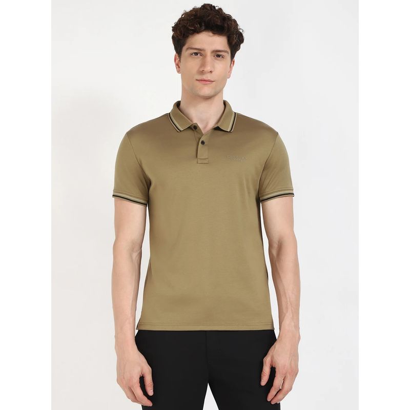 Calvin Klein Khaki Solid Regular Fit Cotton Polo T-shirt (S)
