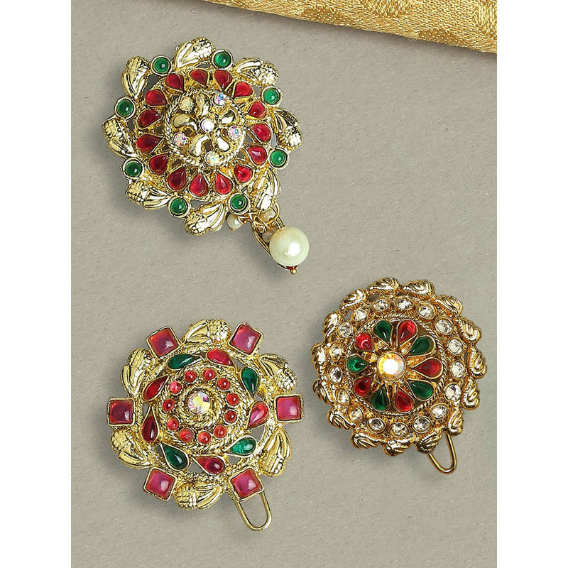 Buy OOMPH Red-Maroon and Green Stones Ethnic Hair Bun Pin - Juda Pin ...