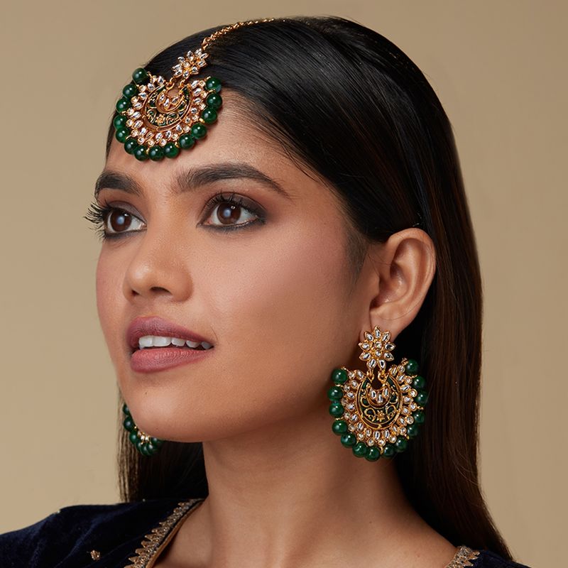 Buy Azai by Nykaa Fashion Traditional Green and Gold Kundan Maangtikka