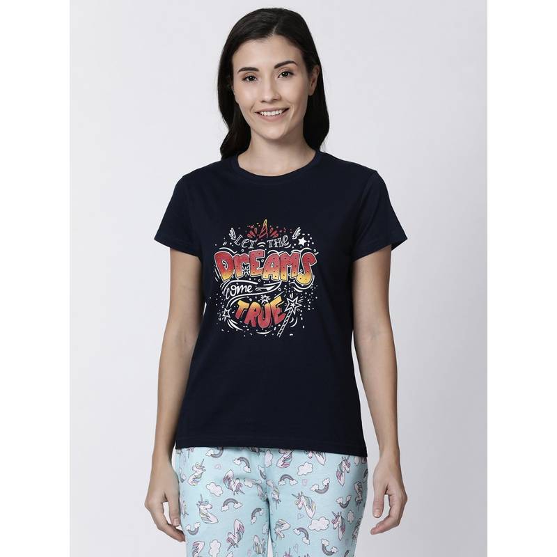 Kryptic Women Navy Blue Printed Pure Cotton Lounge T-Shirt (L)