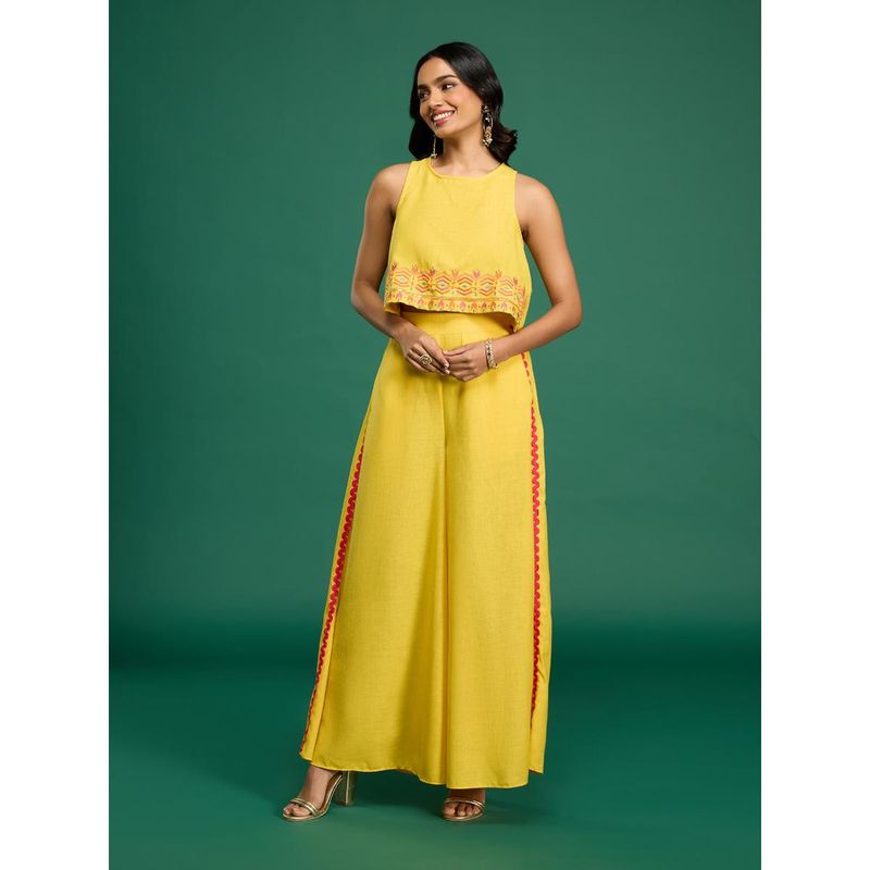 Gajra Gang Casa Mexicana Yellow Linen Embroidered Top & Palazzo (S)