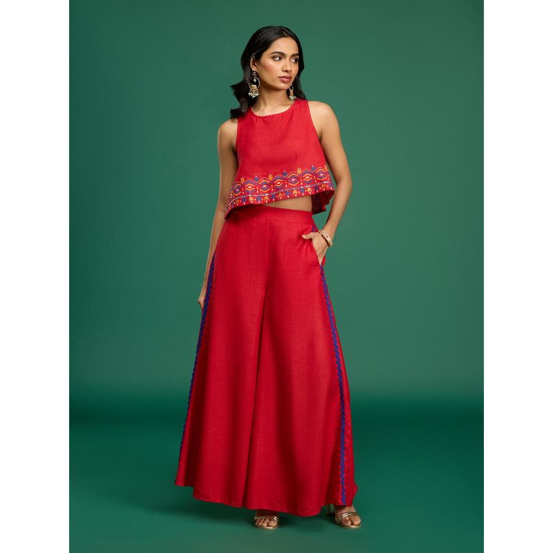 Gajra Gang Casa Mexicana Red Linen Embroidered Top & Palazzo (M)