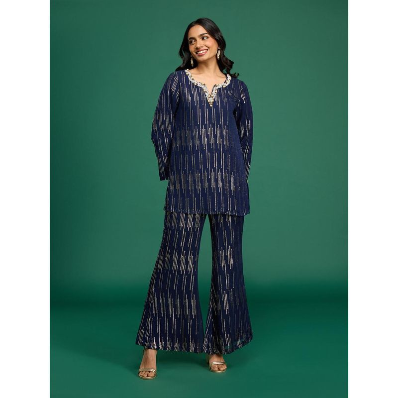Gajra Gang Casa Mexicana Navy Blue Georgette Lurex Embroidered Co-Ord Set (XS)