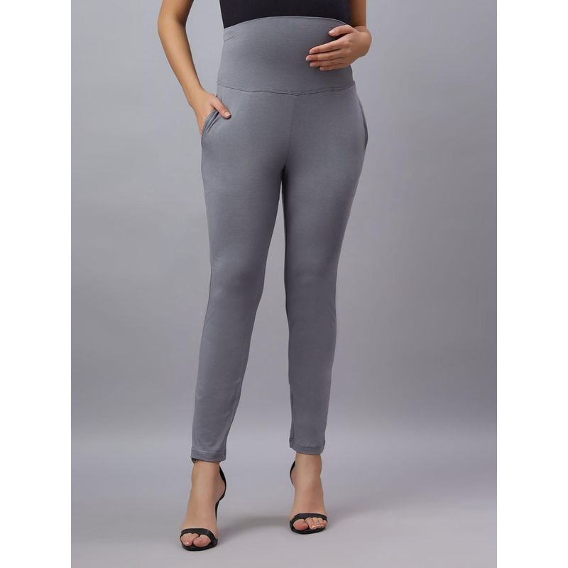 Mamma's Maternity Grey Solid Cotton Spandex Ankle Length Maternity/Pregnancy Pant (L)