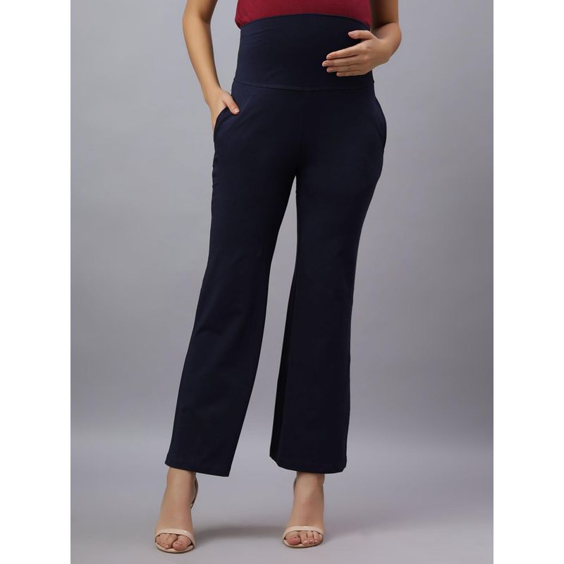 Mamma's Maternity Navy Blue Solid Cotton Spandex Ankle Length Maternity/Pregnancy Wide Pant (XL)