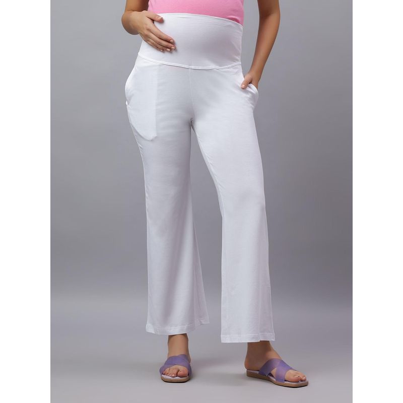Mamma's Maternity White Solid Cotton Spandex Ankle Length Maternity/Pregnancy Wide Pant (L)