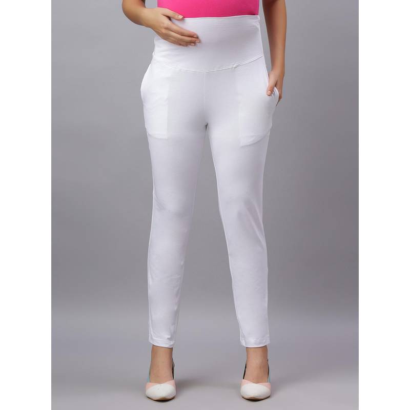 Mamma's Maternity White Solid Cotton Spandex Ankle Length Maternity/Pregnancy Pant (L)
