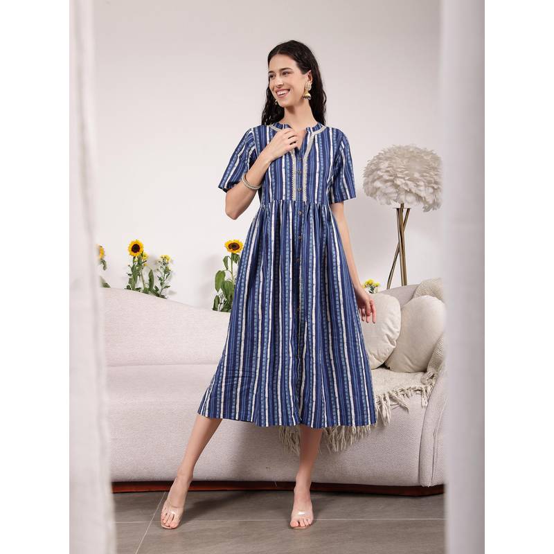 Zelena Navy Blue Cotton Zipless Maternity and Nursing Dress with Metallic Lace (M)