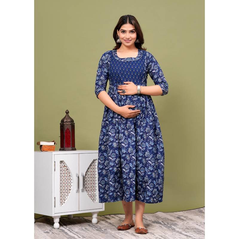 UrbanRang Indigo Floral Printed Maternity Maxi (S)