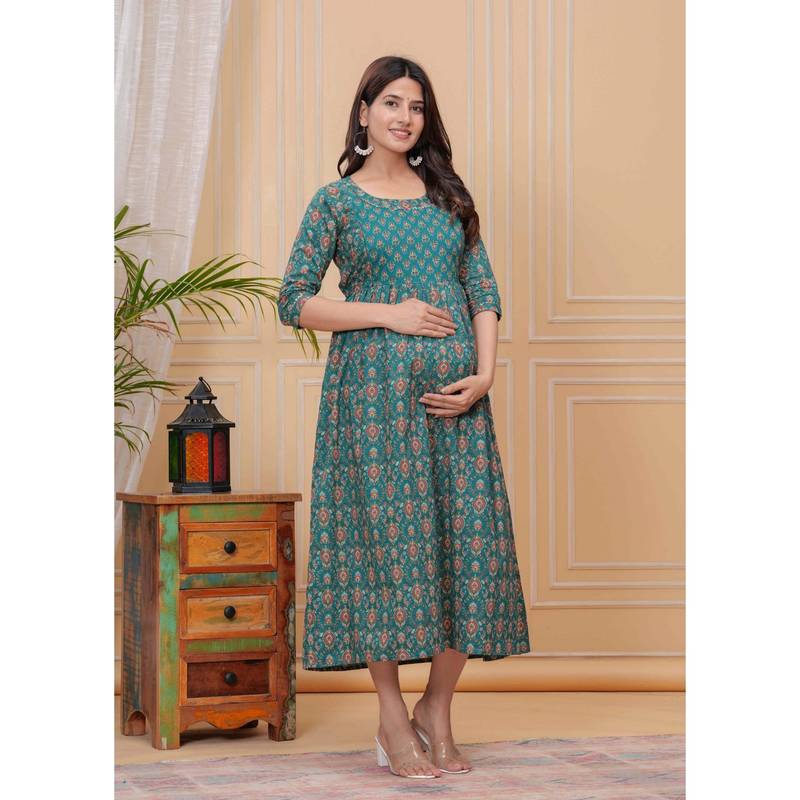 UrbanRang Teal Diamond Printed Maternity Maxi (S)
